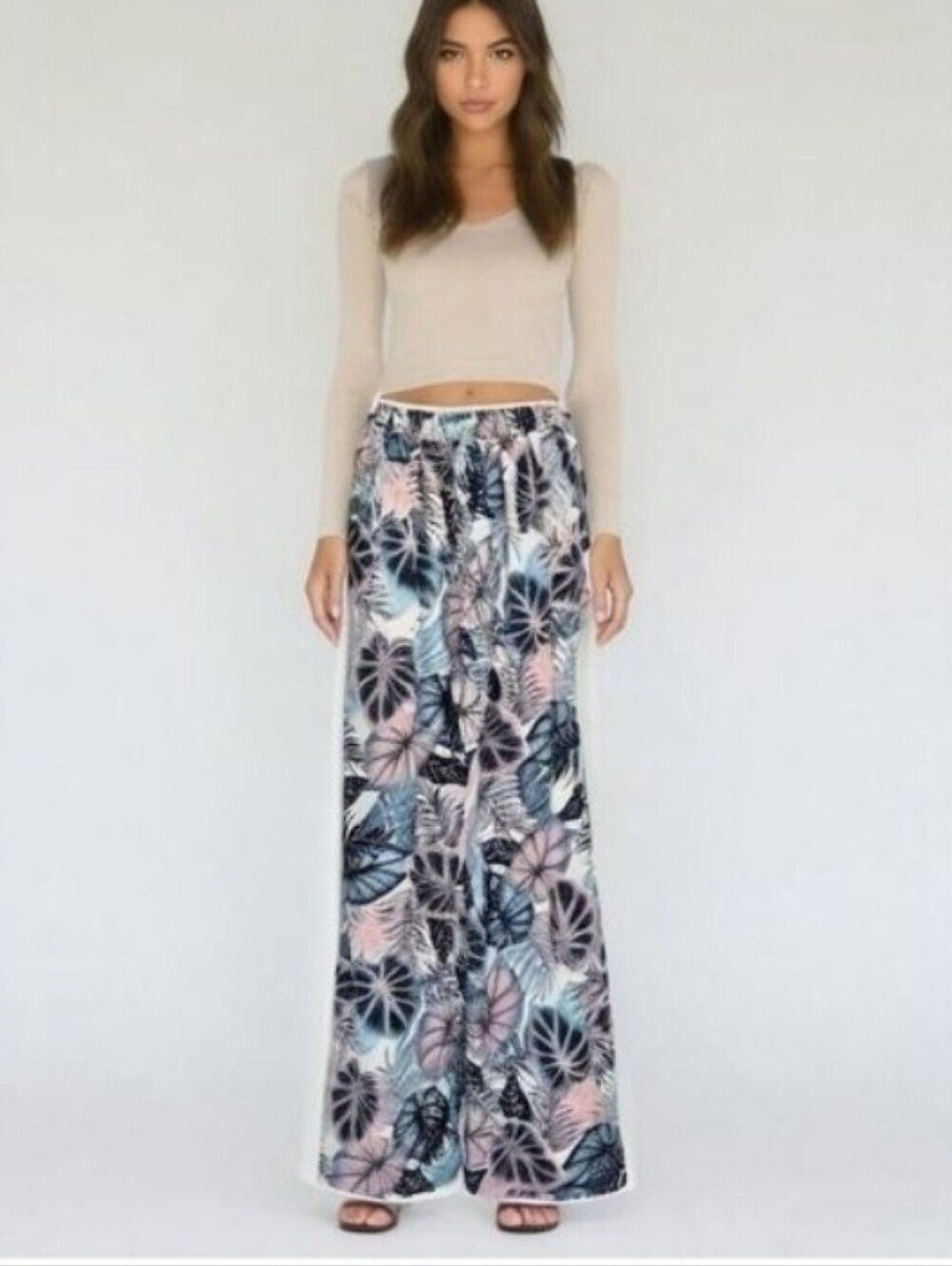 Charlotte Russe Teal Pink Ivory Tropical Floral Print Flowy Wide Leg Pants
